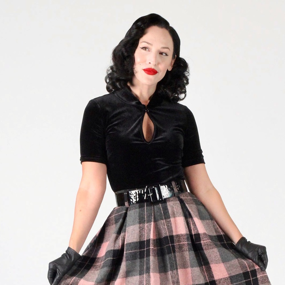 Tatyana Vintage All Aboard Black Stretch Velvet 1/2 Sleeve Keynote Pinup Top